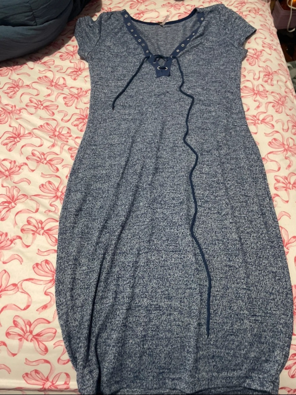 Poof! Heathered Navy Lace-Up Short Sleeve Top